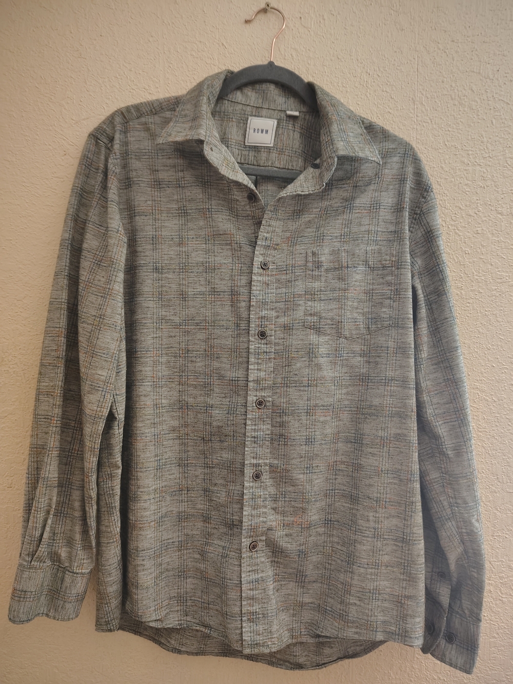ROWM Men’s Gray Textured Slub Plaid Button Down Shirt - Size M